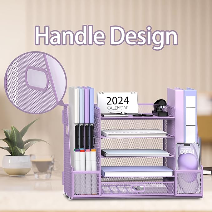 SUPEASY Mesh Desk Organizer with File Holder, 5-Tier Paper Letter Tray Organizer with Magazine Holder, Desktop Organizer and Storage with Drawer for Office Supplies Home or School (Purple)