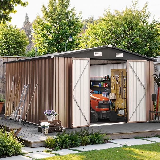 10x12 FT Outdoor Storage Shed, Utility Steel Tool Shed with Lockable Door and Air Vents, Galvanized Metal Shed for Garden Backyard Patio Lawn (10'x12', Brown)