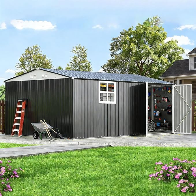 14x12 FT Outdoor Metal Storage Shed with Window, Heavy-Duty Galvanized Steel Tool Shed with Lockable Doors, Waterproof Garden Shed for Backyard, Patio, Lawn, Black