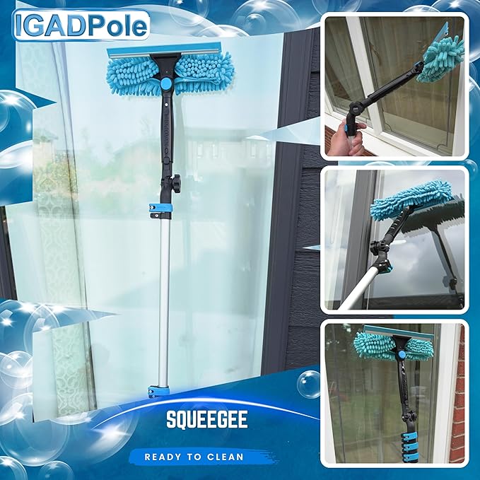 IGADPole 17 FT Water-Fed Washing Kit with Soap-Dispenser, Brush, 10″ Squeegee & Cobweb Duster for Windows, Gutters, Solar Panels & Exterior Walls