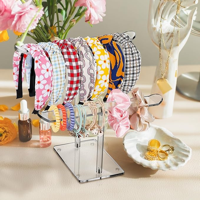 ZEAYEA 2 Pack Acrylic Headband Holder, 2-Tier Clear Hair Hoop Display Stand, Hair Ropes Accessories Storage Organizer Stand for Women and Girls