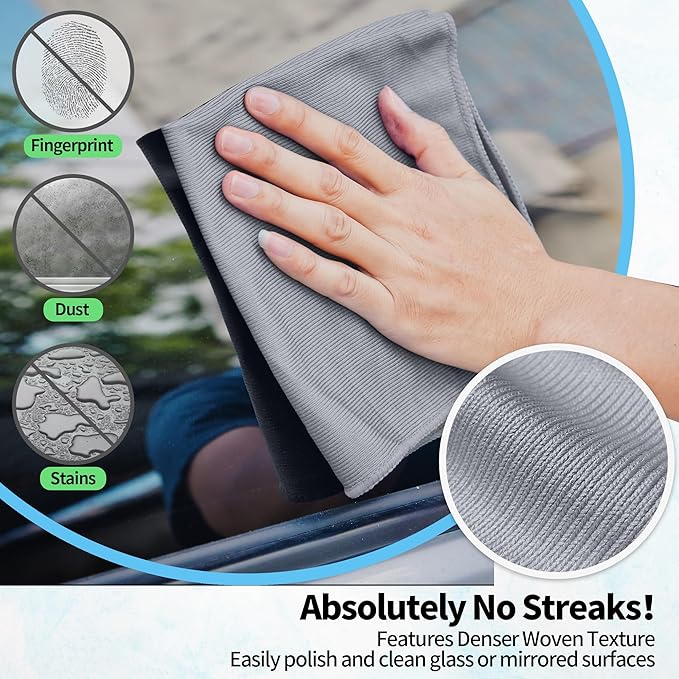 HOMERHYME Microfiber Cleaning Cloth - 10 Pack Glasses Cleaning Cloth, 16" x 14" Window Cleaning Rags, Streak Free Lint Free Polishing Cloths Wipes for Eye Glass, Stainless Steel, Windshield, Grey