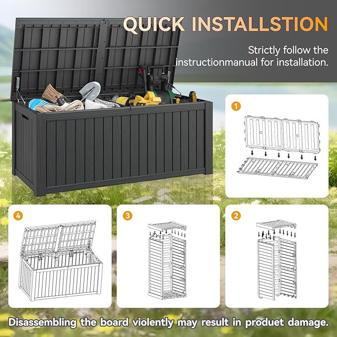 220 Gallon Outdoor Storage Box, Resin Deck Boxes Outdoor Waterproof For Patio Furniture, Garden Tools, Pool Supplies, Lockable And UV Resistant (Striped Black)