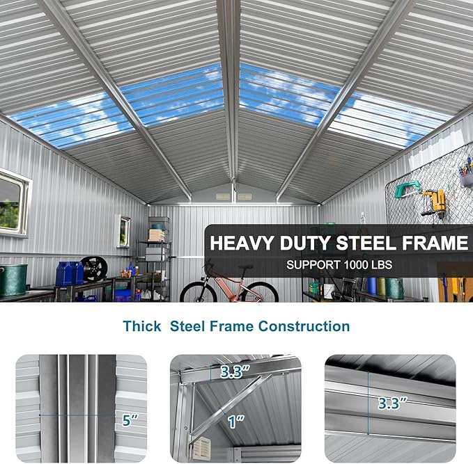 10x10 FT Metal Outdoor Storage Shed with Unique Floor Base Clear Roof Window Lockable Double Door Vent Heavy Duty Reinforced Frame Waterproof Sheds for Garden Large Lawnmower Tool,Dark Grey