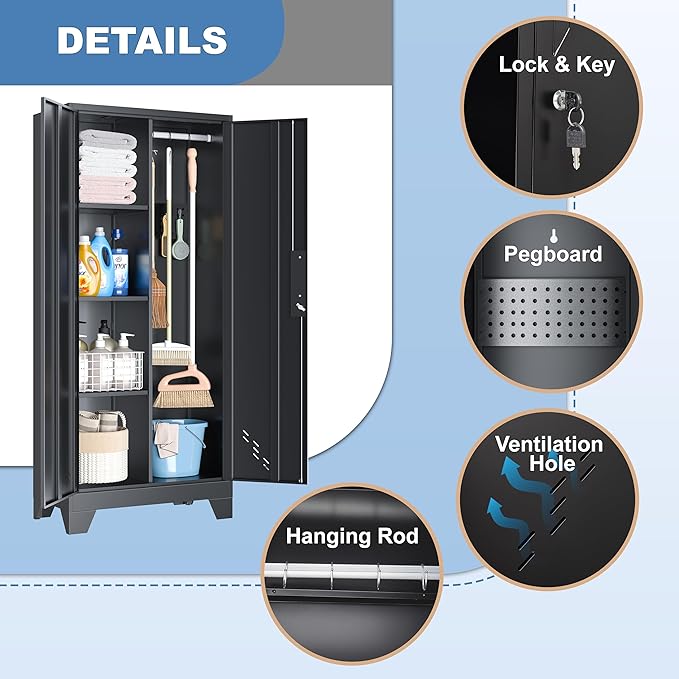 61" Broom Closet Storage Cabinet, Metal Storage Cabinet with Doors, Utility Cabinets for Brooms and Mops, Cleaning Tool Cabinets for Garage, Laundry Room, Bathroom