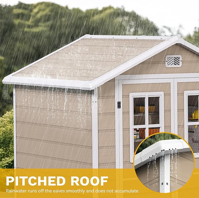 DWVO 6x4.4ft Outdoor Storage Shed, Plastic Garden Tool Shed with 2 Vision Windows, Double-Wall Outside Shed for Mower Lawn, Garden Tool for Backyard Lawn Patio, Lockable, Beige