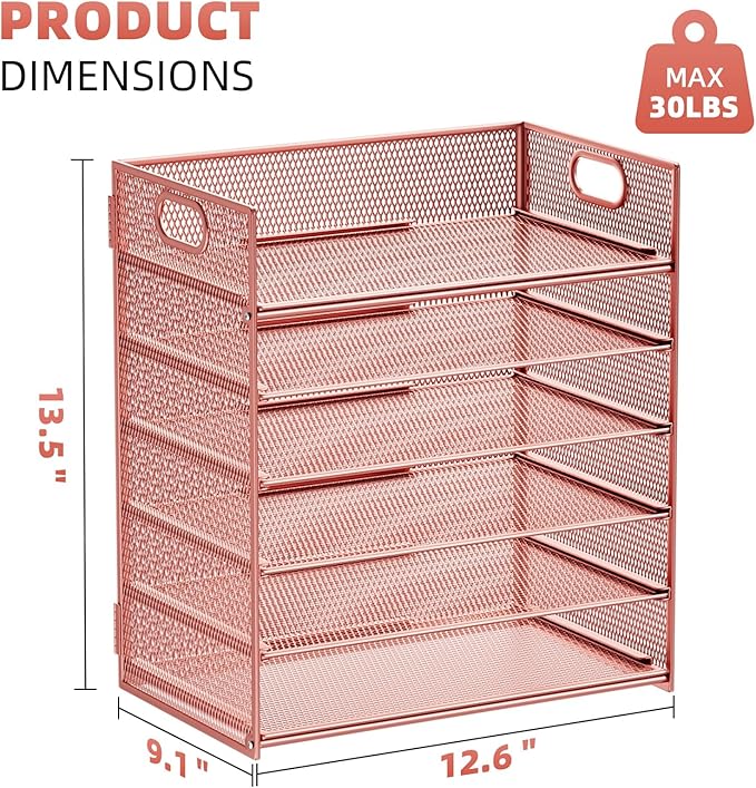Marbrasse 2 Pack Desk Organizer with Handle, 6 Tier Paper Letter Tray, Mesh Desk File Organizer for Office, School and Home - Rose Gold