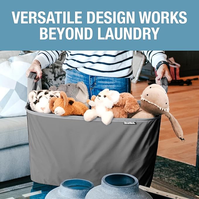 CleverMade Collapsible Laundry Basket LUXE 2 Pack – 60 L (16 Gal) Foldable Cotton Blend Clothes Hamper with Vegan Leather Accents, Reinforced Handles, Space Saving Laundry Bin Holds 55 lbs - Navy