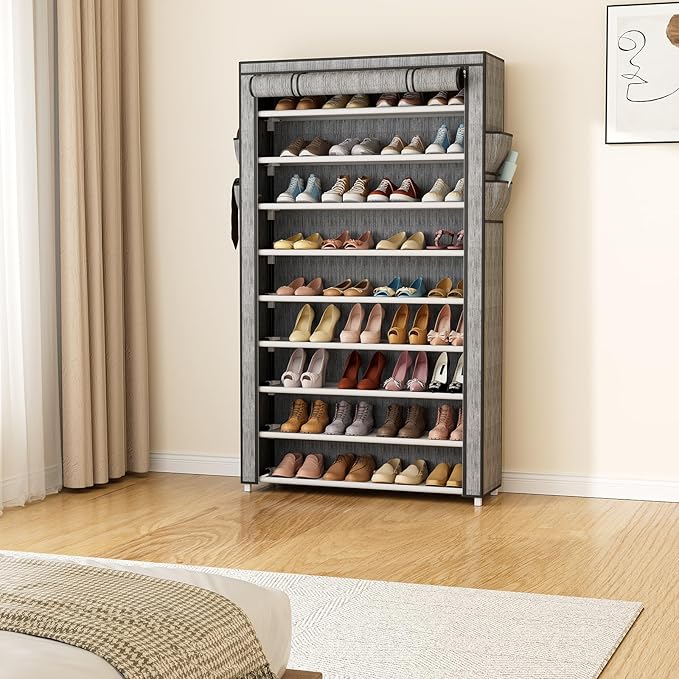 Shoe Rack with Covers 10 Tier Tall Shoe Rack Organizer Large Capacity Shoe Shelf Storage 40 Pairs Space Saving Free Standing Shoe Storage Organizer for Closet, Entryway, Dorm, Printing