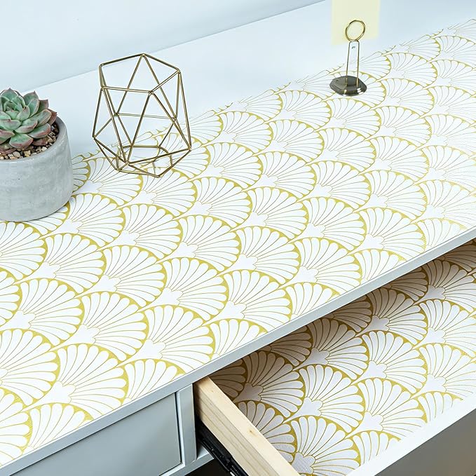 Shelf Liners Non Adhesive Gold Background White Fan-Shaped Pattern - Thickened Non-Slip Easy to Clean Drawer Liner for Kitchen Cabinets, Tool Box,Refrigerator,with Knife & Tape Measure,12in x 20FT.