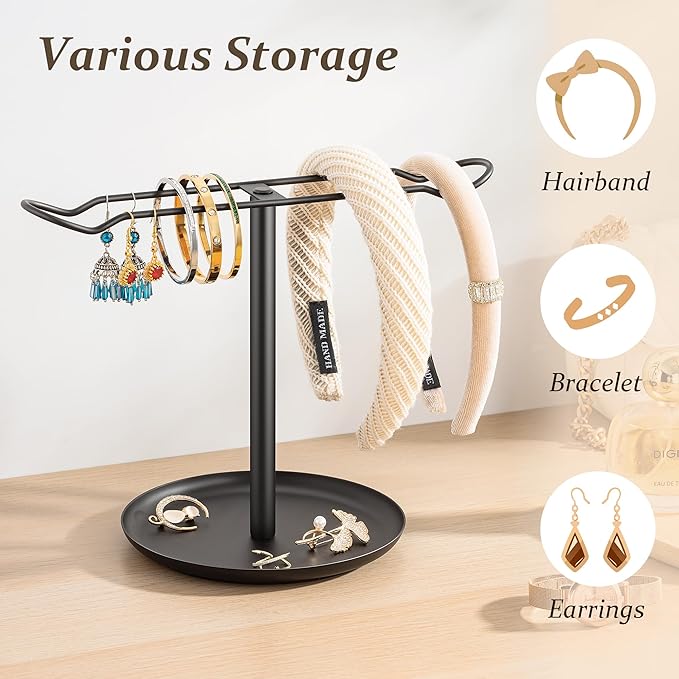 Headband Holder for Hair Accessories: Elegant Organizer with Storage Tray, Perfect for Girls' Vanity, Dresser, or Bathroom, Black