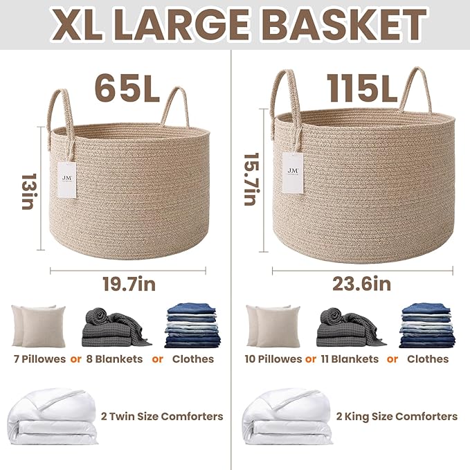65L Extra Large Blanket Basket for Living Room - Woven Cotton Rope Laundry Hamper with Reinforced Handles - Storage Bin for Pillows, Comforters & Toys - Machine Washable,Oatmeal