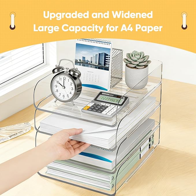 HIYOHIYO 4 Tier Clear A4 Paper Tray, Acrylic Desk Organizer for A4 File, Stackable Paper Organizer for Office, Large Capacity Desktop Letter Holder, Stackable Papers Storage Rack, Vertical Style