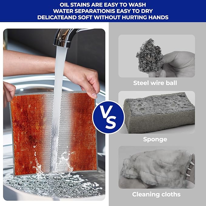 12PCS Non-Scratch Multipurpose Steel Wire Dishcloths - Reusable Quick-Dry Odor-Free Scrub Cloths for Dishes, Kitchen Cleaning Cloths for Cookware, Sinks, Stove Tops(9.84X9.84)
