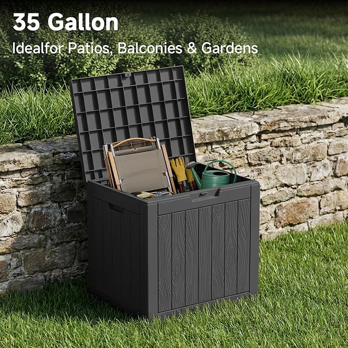 35 Gallon Outdoor Deck Box,Waterproof Resin Outdoor Storage Boxes, Outside Storage Lockable Container for Garden Tools,Indooor Cushions,Accessories (Black)