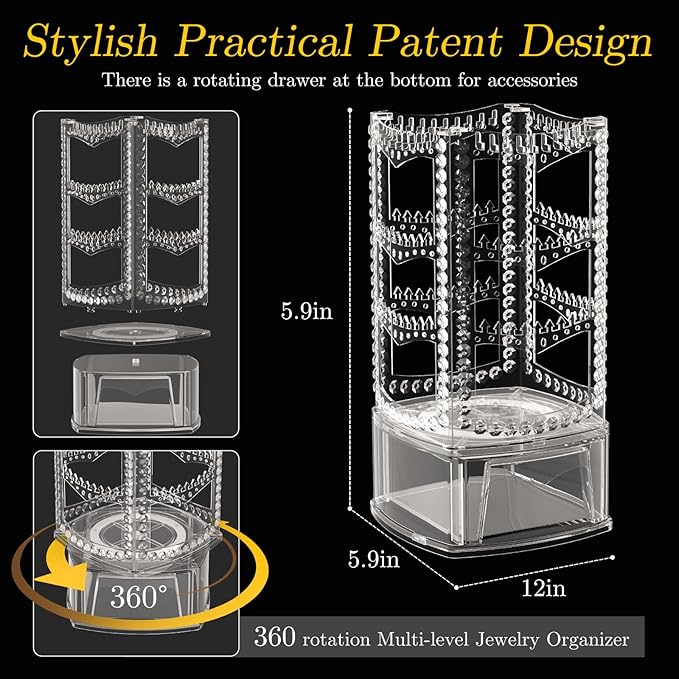 Hanging Jewelry Organizer with 10 Silver Polishing Cloths, Jewelry Holder with 156 Holes and 160 Grooves for Earring, Necklaces, Bracelet with Rotating Hanger, Easy Assembly (Clear)