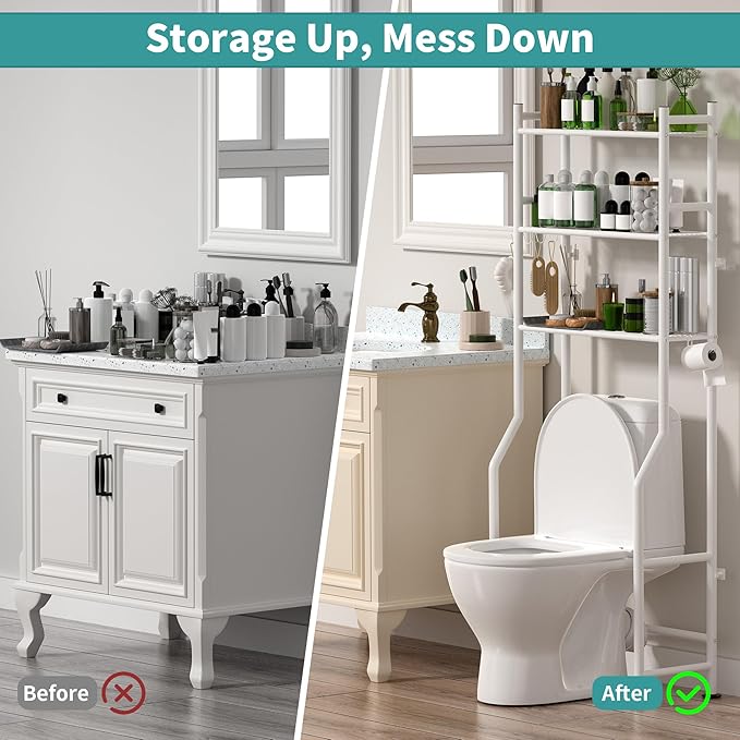 3-Tier Over The Toilet Storage with Paper Holder, Metal Bathroom Organizers and Storage for Small Space, Freestanding Bathroom Shelves with 4 Hooks, Above The Toilet Storage Shelf (Black)