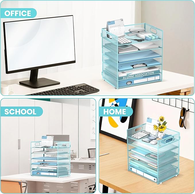 Daltack 6 Tier Paper Organizer for Desk, Paper Letter Tray Organizer for Desks, Mesh Desk File Organizers with Handle for Office, Home, School, Blue, 2 Pack