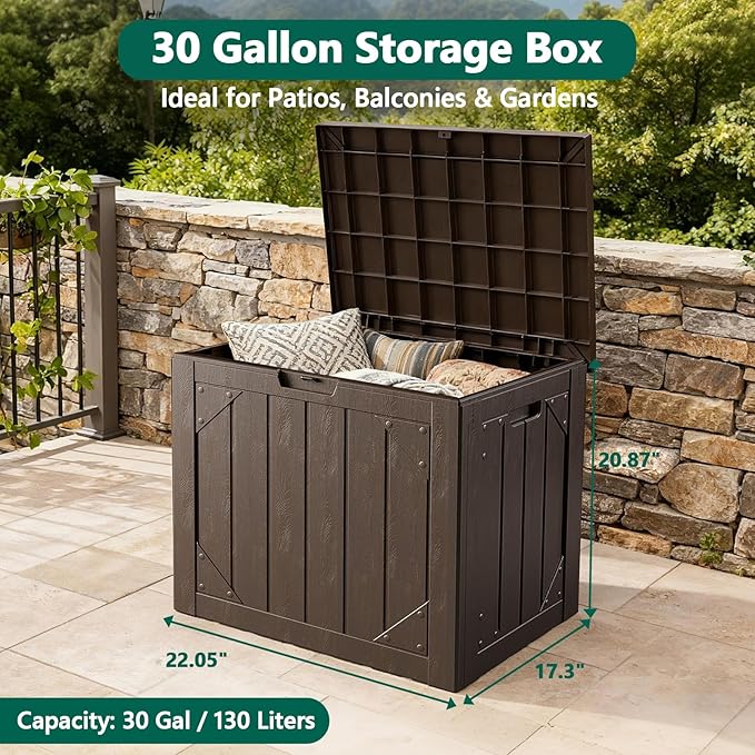 30 Gallon Outdoor Storage Box, Waterproof Resin Deck Box Organizer for Patio Cushion Storage, Lockable Outside Container for Garden Tools
