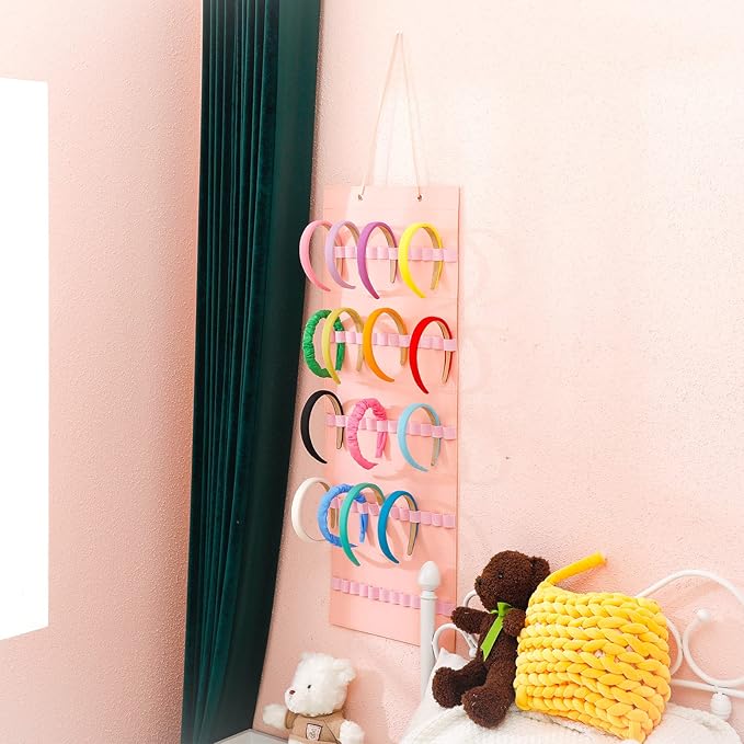 Tudomro Hanging Headband Holder for Girls Felt Hair Accessories Organizer with 60 Elastic Bands Bow Hanger for Girls Hair Bows Without Headbands(Plain Style,Pink)