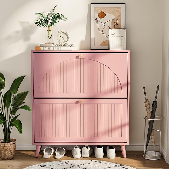 Shoe Storage Cabinet for Entryway with 2 Flip Drawers, Narrow Wood Shoe Cabinet with Fluted Panel, Freestanding Hidden Shoe Organizer for Foyer, Hallway (Pink - with Shelf)
