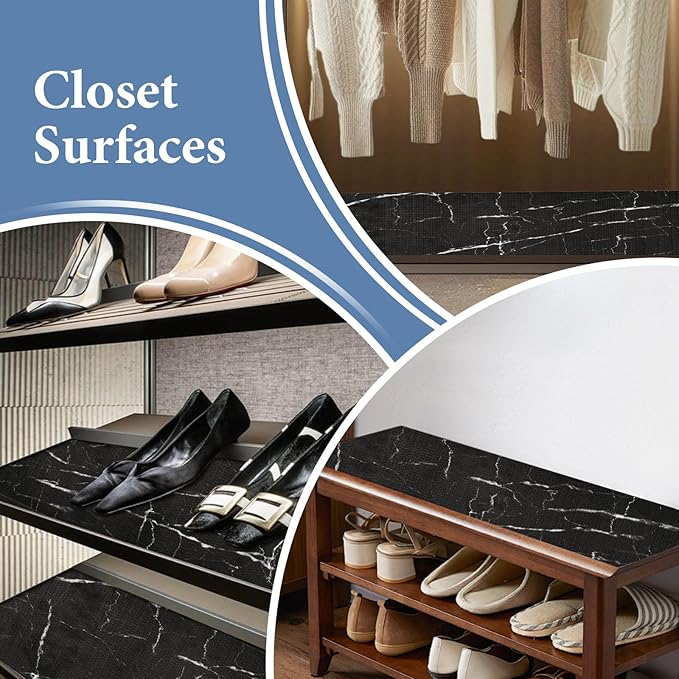 Drawer and Shelf Liner for Kitchen Cabinet: 12 in X 20 Ft Non Slip Waterproof Shelf Paper Non Adhesive Refrigerator Liners Black Marble Easy Liners for Bathroom with Knife Tape Measure