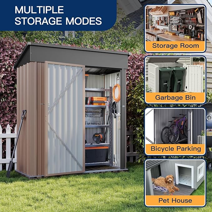 Aoxun 5x2.7 FT Shed Outdoor Storage Shed Metal Tool Shed with Door and Lock Outdoor Shed for Garden, Backyard, Poolside, Brown
