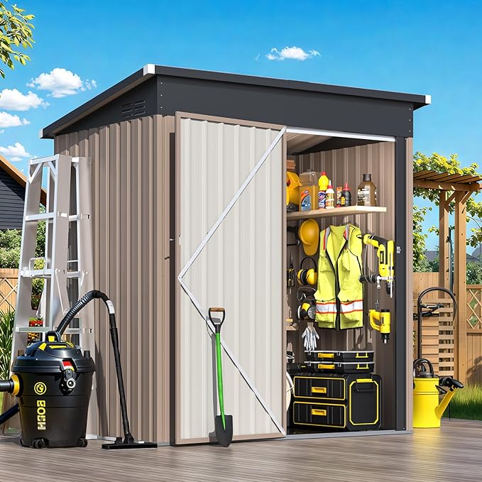 AECOJOY 5'x3' Outdoor Storage Shed with Floor Base, Small Metal Garden Sheds & Outdoor Storage Clearance with Waterproof Floor Included, 3x5 Tiny Utility and Tool Sheds for Backyard, Patio and Outside