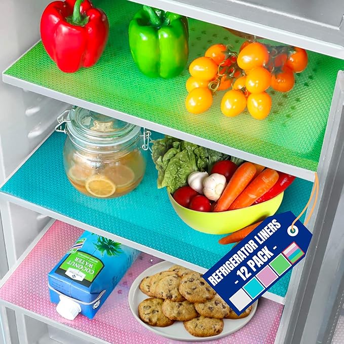 Refrigerator Liners for Shelves (12 Pack) by Linda’s Essentials - Non-Adhesive Shelf or Drawer Liner, BPA-Free Fridge Mats for Kitchen & Cabinets, Easy to Clean, Ideal Household Essentials(MultiColor)