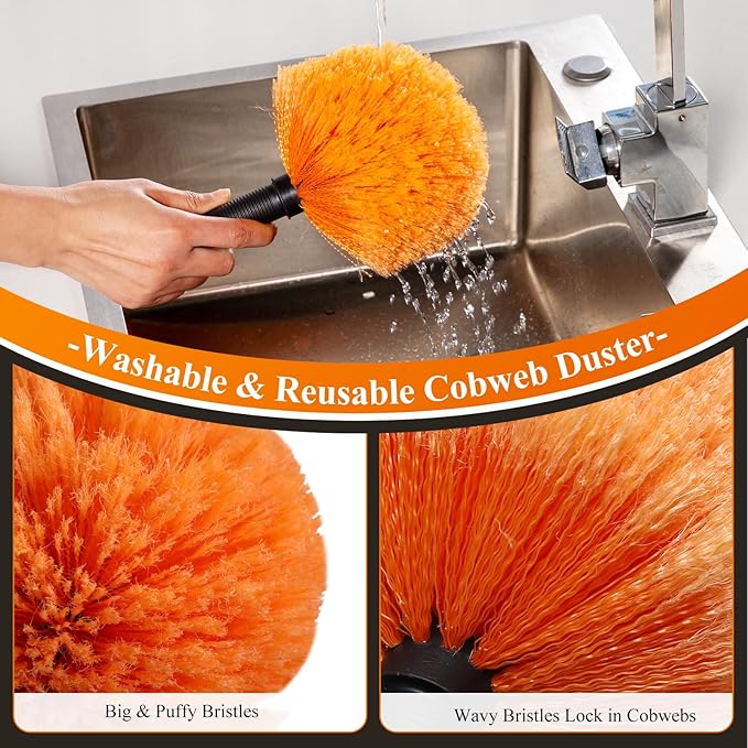 20ft High Reach Cobweb Duster with 12ft Heavy-Duty Extension Pole, Washable & Reusable Spider Web Brush for Indoor & Outdoor Cleaning, Soft Bristle Spider Web Cleaner for High Ceilings & Eaves