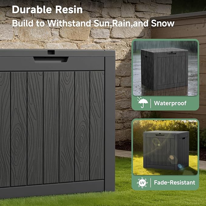35 Gallon Outdoor Deck Box,Waterproof Resin Outdoor Storage Boxes, Outside Storage Lockable Container for Garden Tools,Indooor Cushions,Accessories (Black)