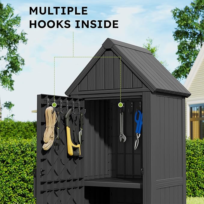 Outdoor Storage Shed - Waterproof Resin Outdoor Storage Cabinet with Removable Shelves & 12 Hooks, Lockable All-Weather Storage for Garden Tools, Grilling Supplies, Classic Black