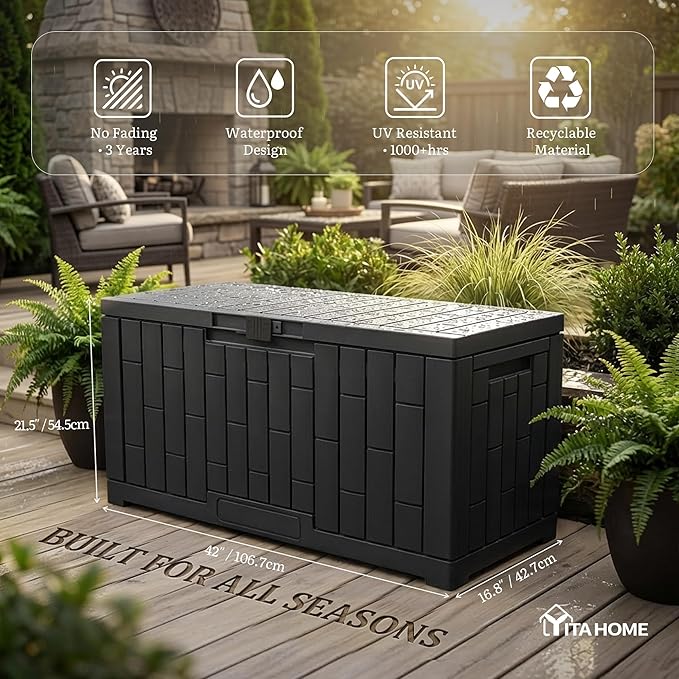 YITAHOME 60 Gallon Outdoor Storage Box, Lockable Resin Deck Box with Handles, Waterproof Outdoor Storage Box for Patio Furniture, Garden Tools and Pool Accessories, Black