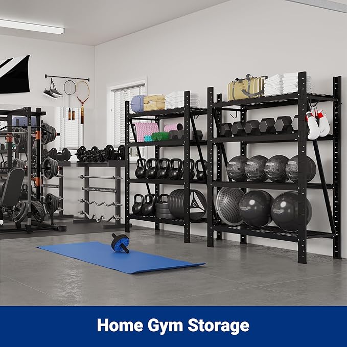 FLEXIMOUNTS Garage Shelving Heavy Duty, 49.6" W 4-Tier 10000LBS Industrial Shelving Unit with 4 Hooks, Adjustable Storage Shelves for Garage, Basement, Warehouse, 71" H x 49.6" W x 23.6" D