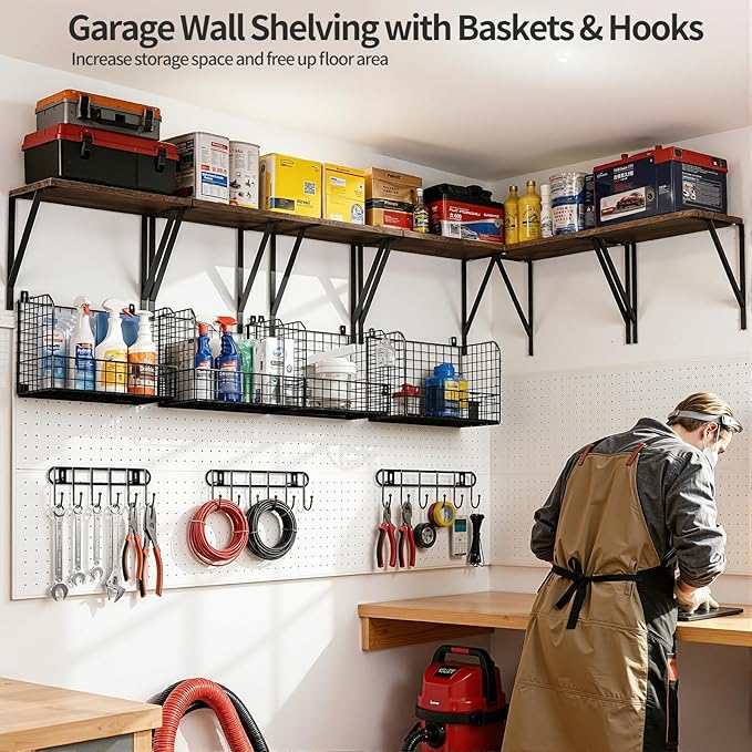 Housolution Garage Shelving Wall Mounted, Heavy-Duty Garage Wall Shelving with Baskets & Hooks Supports up to 154 LBS in Total, Tool Storage Organizer for Home, Garden, Kitchen, Laundry Room