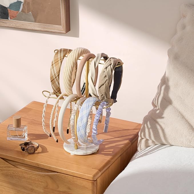 Headband Holder Organizer Two-Tier with Marble Base: Jewelry Display for Women, Hair Accessories Storage Stand Scrunchie Necklace rack for Girls, for Bathroom, Vanity, Dresser, Gold