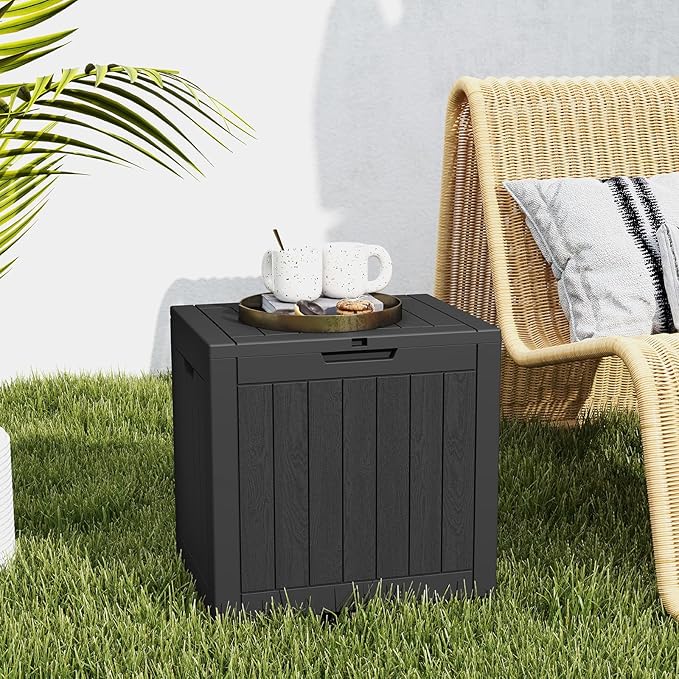 DUMOS 31 Gallon Deck Box, Lockable Outside Storage Box for Outdoor Use, Outside Waterproof Resin Package Delivery Box for Backyard Patio Garden, Striped Black