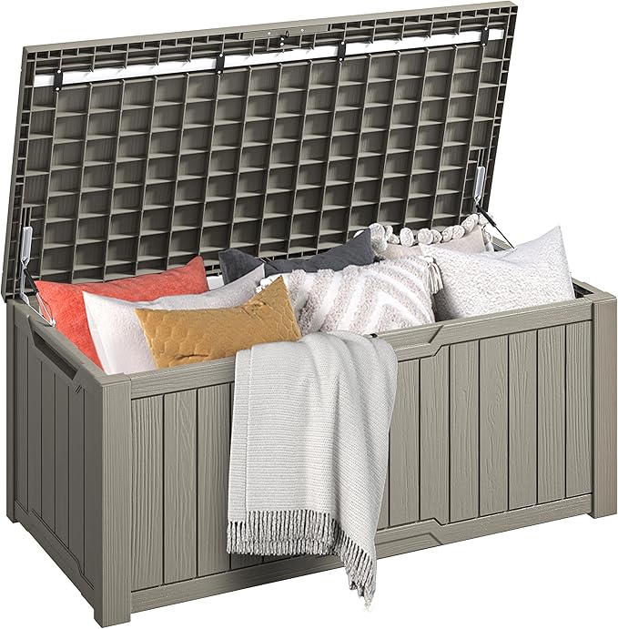 DWVO 120 Gallon Outdoor Storage Deck Box, Weather-Resistant Resin, Versatile for Patio Furnishings, Outdoor Cushions, Garden Tools, and Sports/Pool Gear (Light Brown)