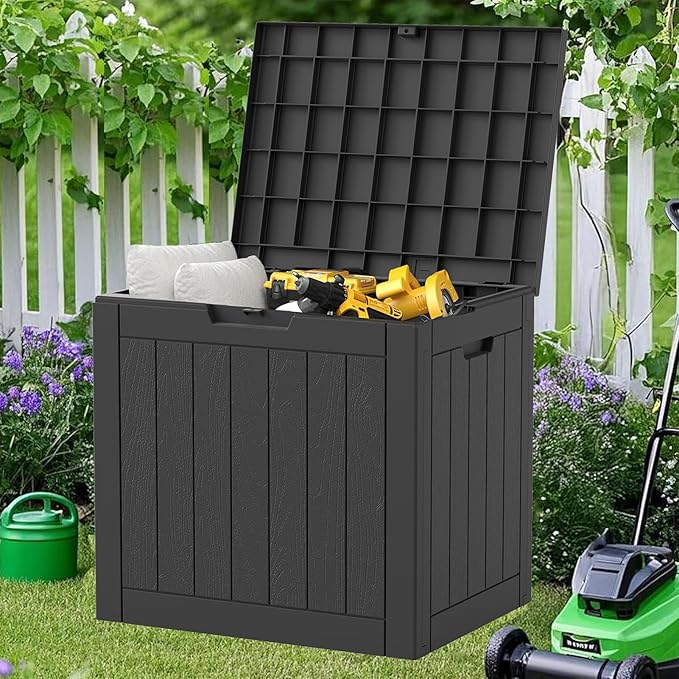 NUNU LAB 31 Gallon Outdoor Storage Box Waterproof, Outside Package Delivery Deck Boxes with Lockable Lid, Backyard Storage Bin For Garden Tools, Patio Cushions Accessories, Black