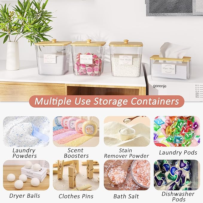 Laundry Room Organization and Storage, Laundry Pods Container and Dryer Sheet Holder with Bamboo Lids and Labels, Laundry Organizer with Scoops for Booster Beads, Powder, Pods, 3+1 Pack