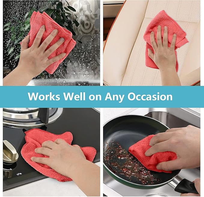 HOMEXCEL Red Microfiber Cleaning Cloth, 100 Pack Cleaning Towels for Kitchen, Lint Free, Scratch-Free, Highly Absorbent, and Reusable Cleaning Rags for House, Window and Glass, Cars, 11.5 X11.5 inch