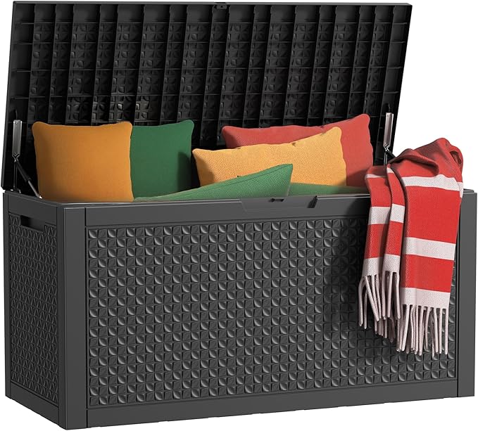 101 Gallon Waterproof Outdoor Storage Box, UV Resistant Resin Deck Box with Hydraulic Rod for Reinforced Stability, Perfect for Patio, Garden, and Pool（Black，101 Gallon）