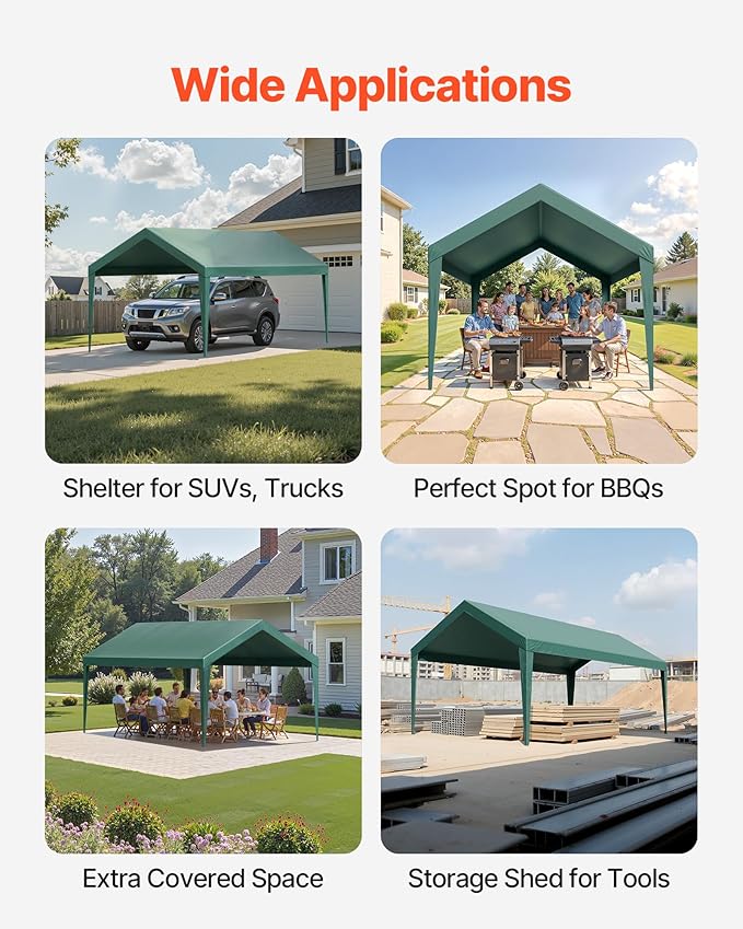 VEVOR Carport Replacement Canopy Cover, 10 x 20 ft Potable Garage Tent Top Tarp, UV-Resistant & Waterproof Car Shelter Tarp, Heavy Duty Car Port Cover with Ball Buggees, Dark Green, Frame Not Included