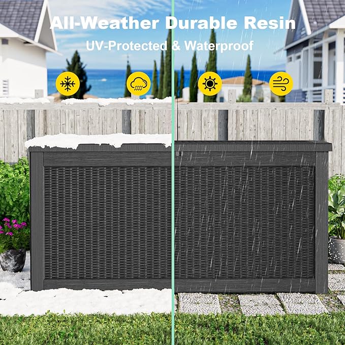 320 Gallon Waterproof Outdoor Storage Box, UV Resistant Resin Deck Box with Hydraulic Rod for Reinforced Stability, Perfect for Patio, Garden, and Pool（Black，320 Gallon）