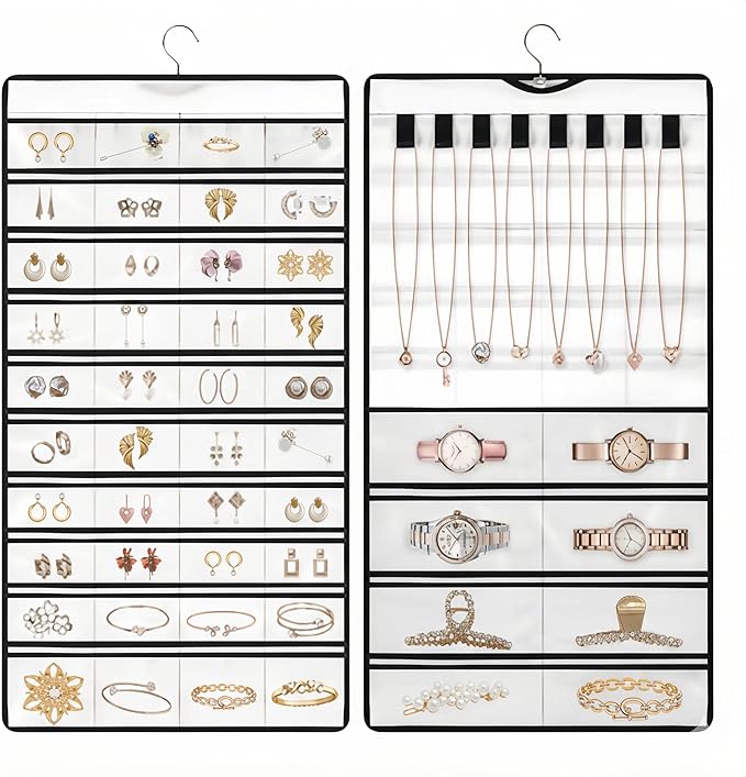 Hanging Jewelry Organizer, Double-Sided 48 Pockets, Closet & Hook Jewelry Storage, for Earrings, Necklaces, Bracelets, Rings & Pendants, Necklace Holder/Hanging Earring Organizer, White