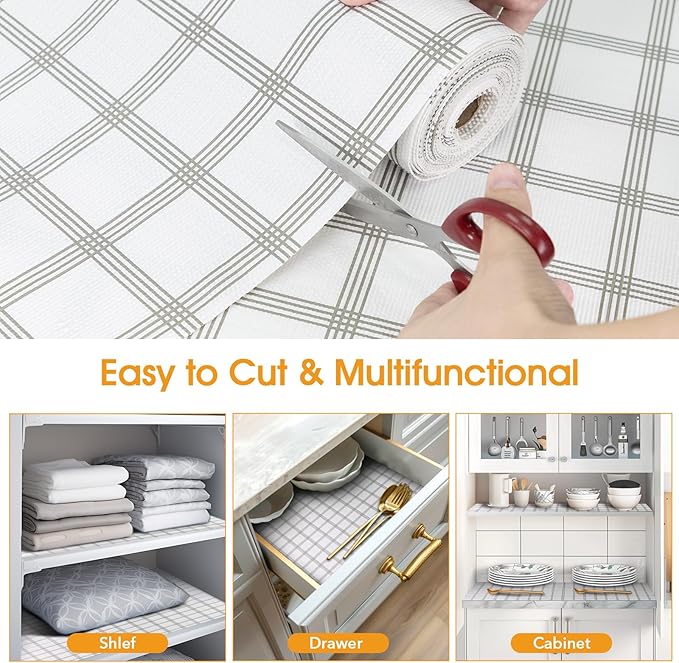 Shelf and Drawer Liner for Kitchen Cabinets Non-Adhesive, Strong Grip Non-Slip Thickened Cabinet Liners for Shelves, Waterproof Mats for Dresser Cupboard, White Square, 23 in x 10 Feet