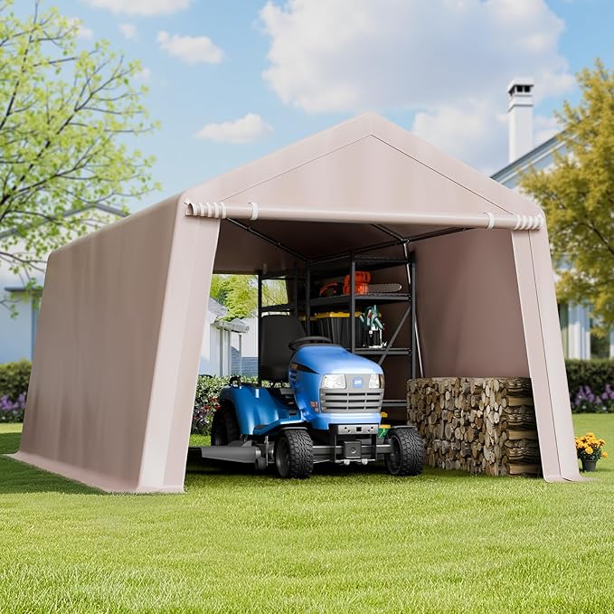 VEVOR 10 × 15 ft Outdoor Storage Shed Tent with Heavy-Duty Steel Frame, 2 Roll-Up Doors & Air Vents, Waterproof Portable Garage Carport Shelter for Motorcycle, Lawn Mower, Garden Tools – Beige