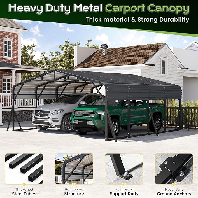 20x20FT Heavy Duty Metal Carport, Outdoor Portable Car Garage w/Reinforced Support Rods & Windproof Ground Anchors, All-Season Versatile Outdoor Shelter for 2 Car, Boats, Truck