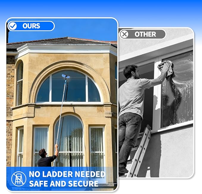 12.2FT/3.7M Window Cleaning Tools, Professional 2 in 1 Window Cleaner Tool Kit, 2 in 1 Extendable Squeegee Window Cleaner for high Windows, Car, Glass
