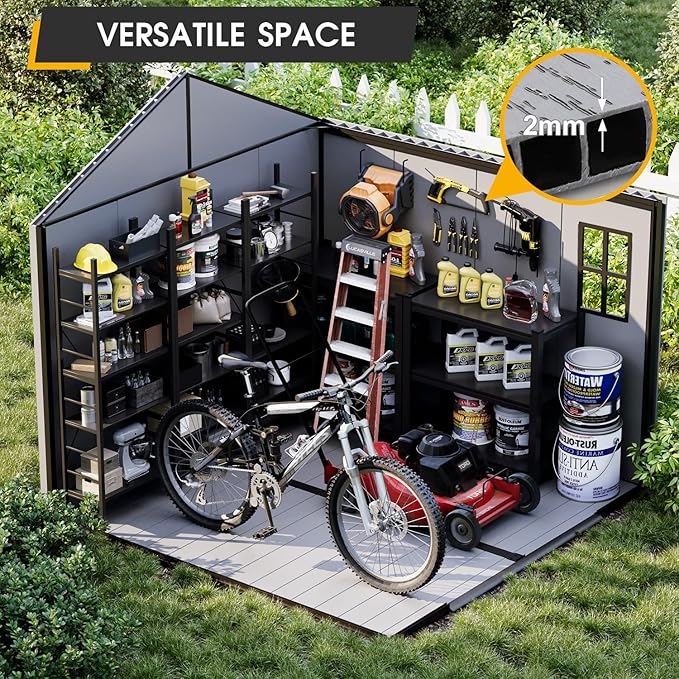 MELLCOM 8 x 8 FT Resin Outdoor Storage Shed with Floor, Outdoor Storage Tool Shed with Windows and Lockable Door, Resin Garden Shed for Lawnmower, Pool Supply, Bike